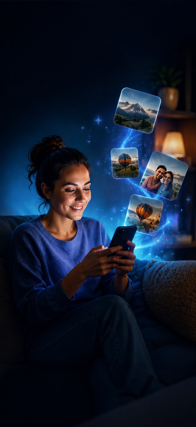 Someone clearing their photo library on an iPhone, with photos lifting off the screen