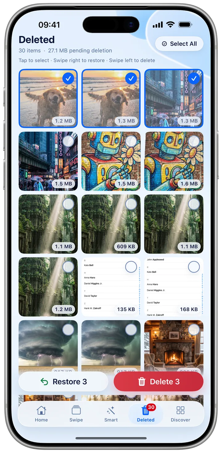 The Deleted tab in Kipply with three items selected and Restore 3 and Delete 3 buttons at the bottom.