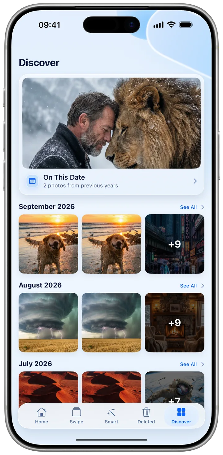 The Discover tab in Kipply with an On This Date card and photos grouped by month.