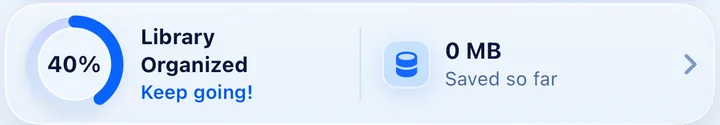 Kipply's progress card: Library Organized at 40 percent with Keep going, and 0 MB saved so far.