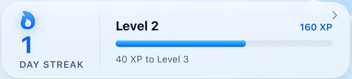 Kipply's streak card: a 1 day streak, Level 2 with 160 XP, and a progress bar reading 40 XP to Level 3.
