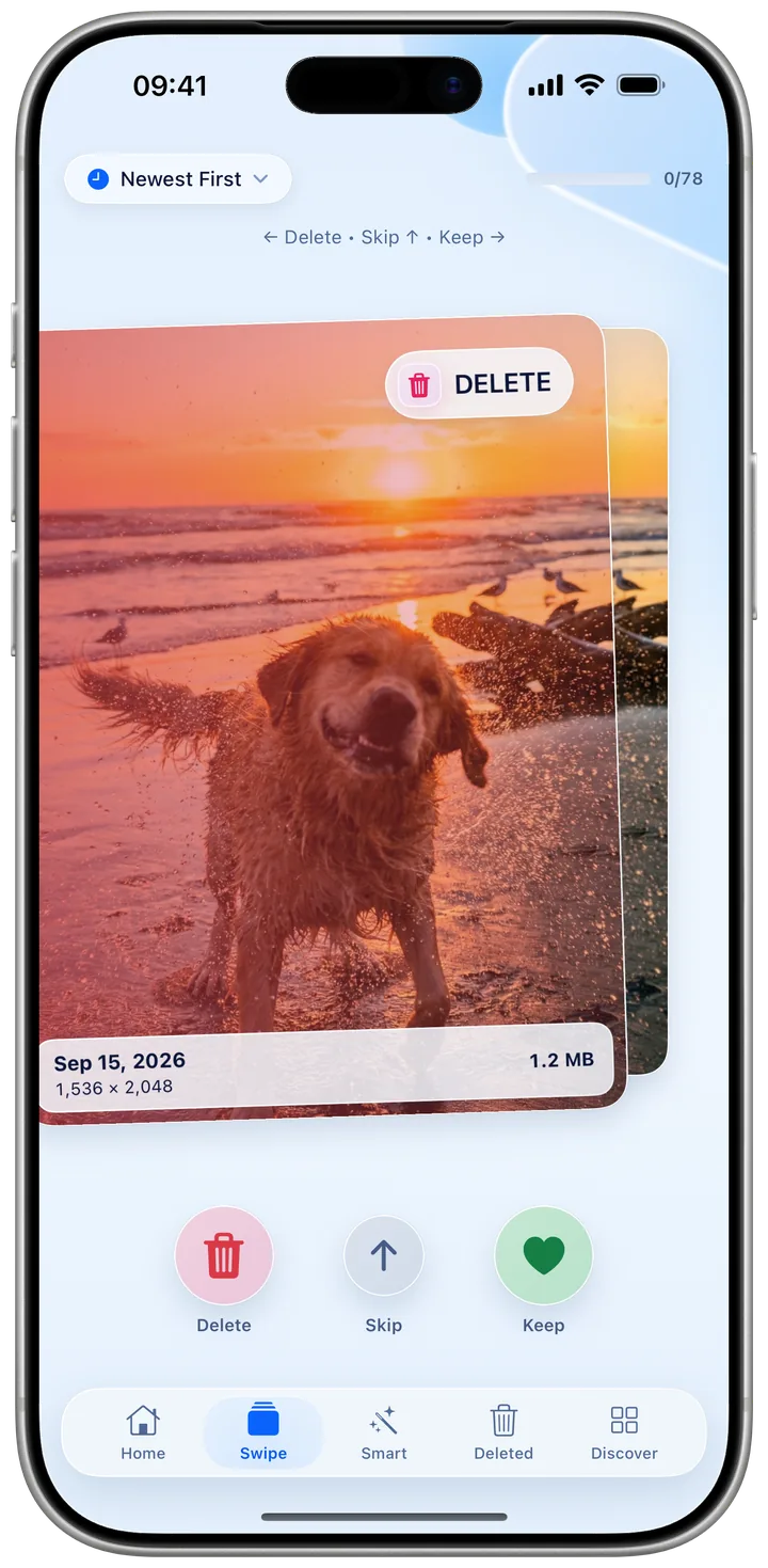 The Swipe tab in Kipply: a photo card being dragged to the left with a Delete label, and Delete, Skip and Keep buttons below it.